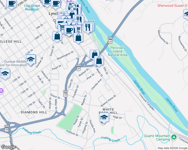 map of restaurants, bars, coffee shops, grocery stores, and more near 1719 Main Street in Lynchburg