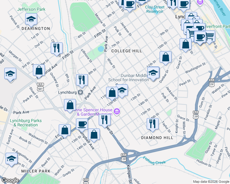 map of restaurants, bars, coffee shops, grocery stores, and more near 1021 Floyd Street in Lynchburg