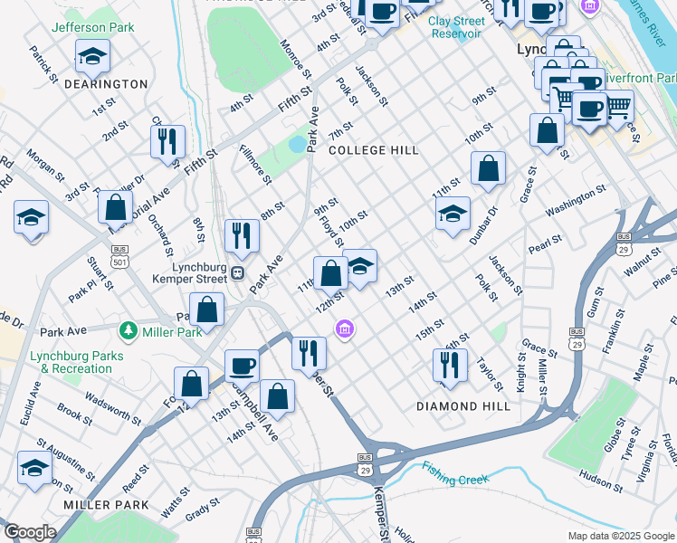 map of restaurants, bars, coffee shops, grocery stores, and more near 1021 Floyd Street in Lynchburg