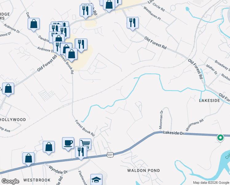 map of restaurants, bars, coffee shops, grocery stores, and more near 204 Bonterra Place in Lynchburg