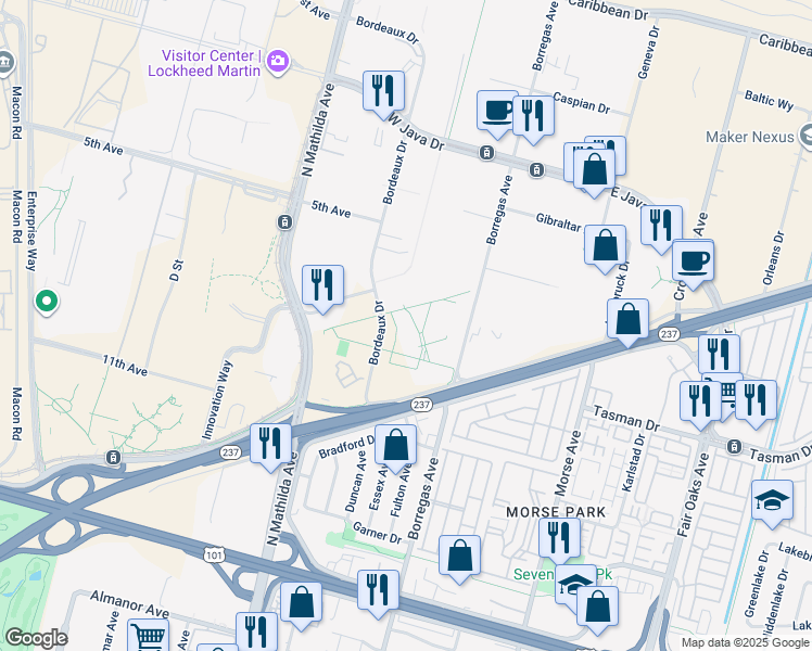 map of restaurants, bars, coffee shops, grocery stores, and more near 1190 Bordeaux Drive in Sunnyvale