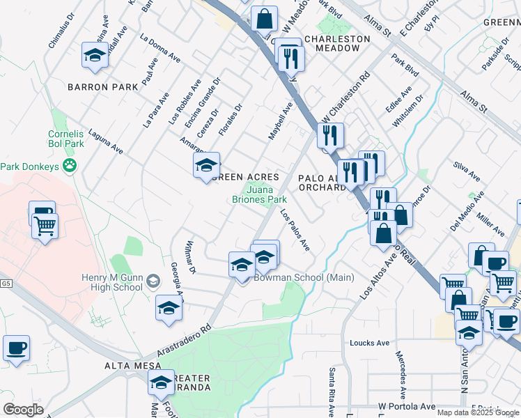 map of restaurants, bars, coffee shops, grocery stores, and more near 4187 Coulombe Drive in Palo Alto