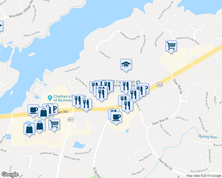 map of restaurants, bars, coffee shops, grocery stores, and more near 6761 Temie Lee Parkway in Midlothian