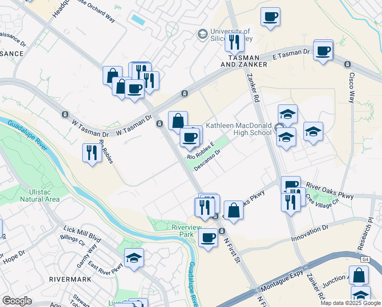 map of restaurants, bars, coffee shops, grocery stores, and more near 1 Rio Robles East in San Jose
