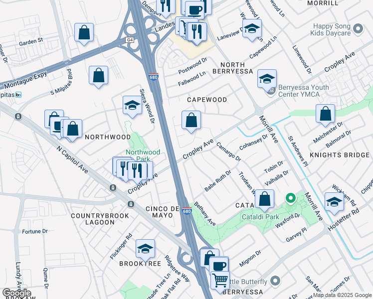 map of restaurants, bars, coffee shops, grocery stores, and more near 2842 Rosario Drive in San Jose