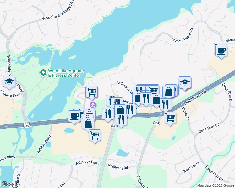 map of restaurants, bars, coffee shops, grocery stores, and more near 14019 Saint Regina Court in Midlothian