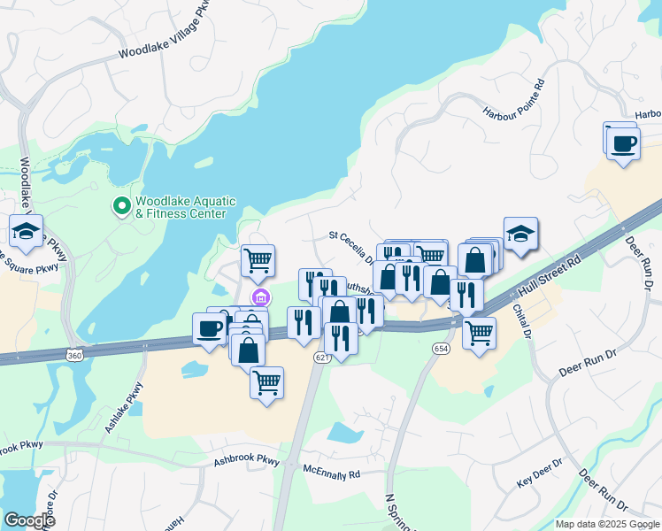 map of restaurants, bars, coffee shops, grocery stores, and more near 14019 Saint Regina Court in Midlothian