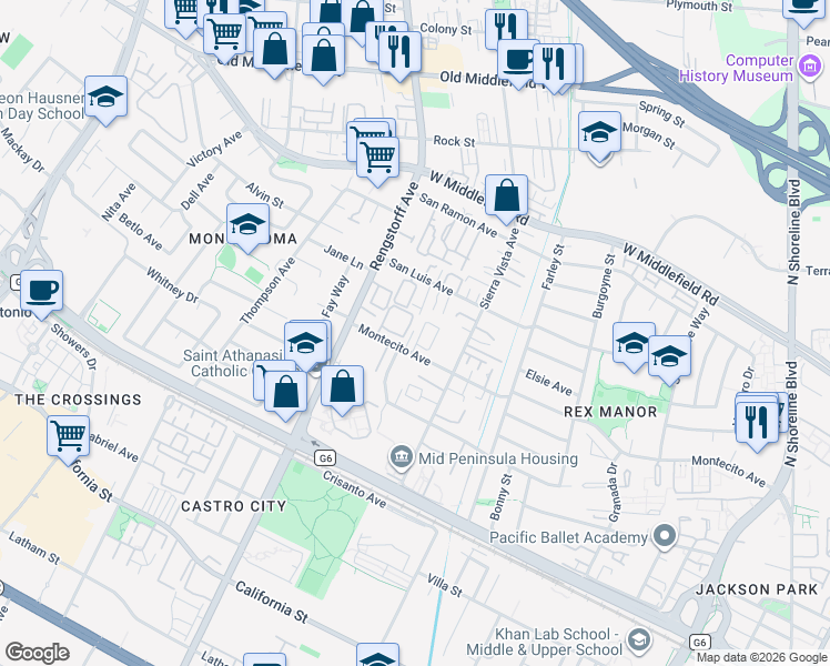 map of restaurants, bars, coffee shops, grocery stores, and more near 1972 Montecito Avenue in Mountain View