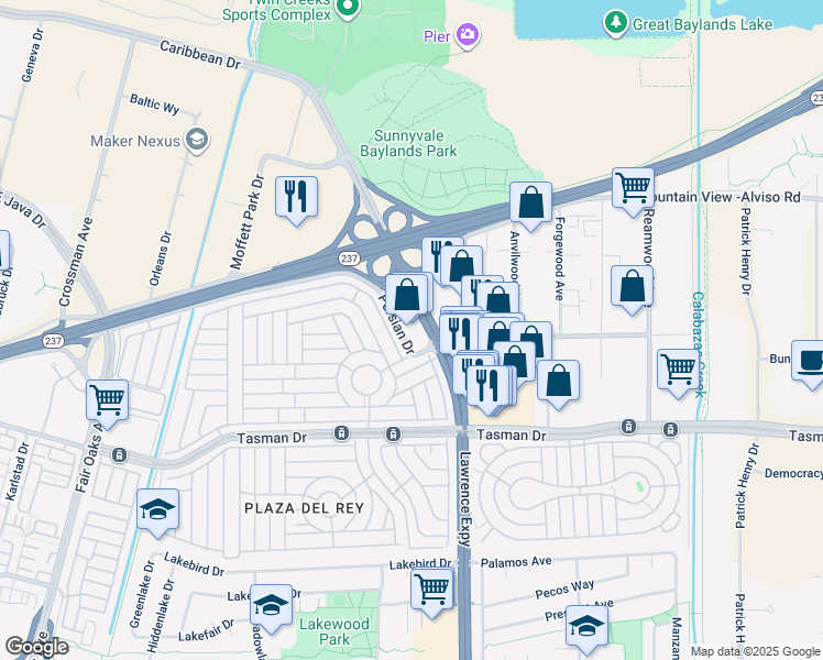 map of restaurants, bars, coffee shops, grocery stores, and more near 1280 Persian Drive in Sunnyvale