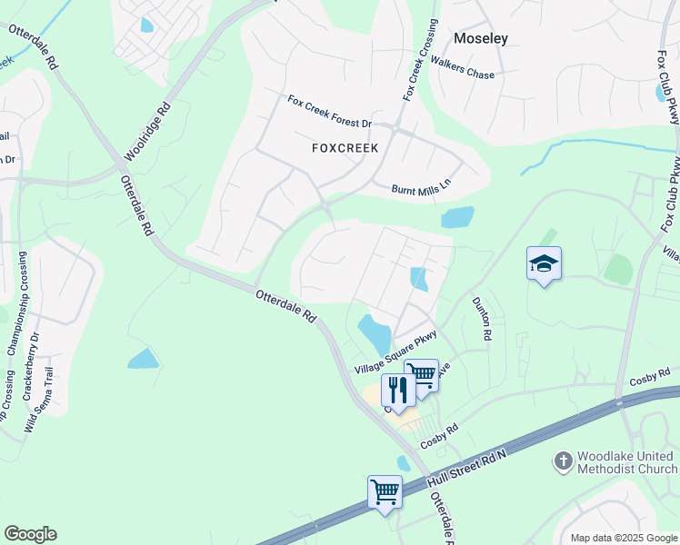 map of restaurants, bars, coffee shops, grocery stores, and more near 16007 HIdden Sedge Court in Moseley