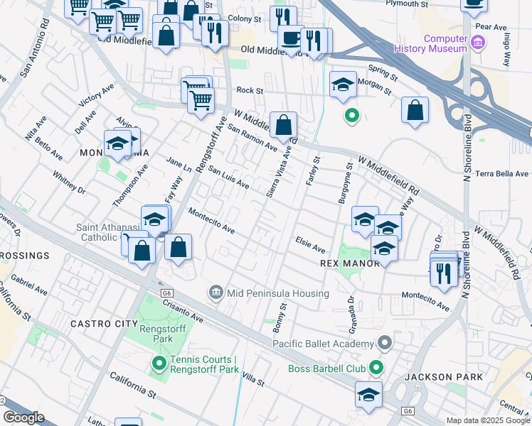 map of restaurants, bars, coffee shops, grocery stores, and more near 347 Sierra Vista Avenue in Mountain View