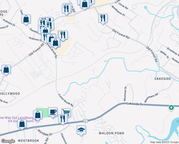 map of restaurants, bars, coffee shops, grocery stores, and more near 205 Bonterra Place in Lynchburg
