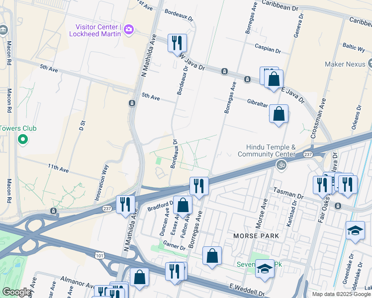 map of restaurants, bars, coffee shops, grocery stores, and more near 1170 Bordeaux Drive in Sunnyvale
