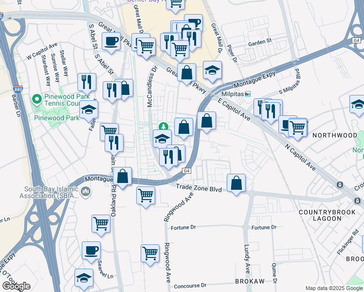 map of restaurants, bars, coffee shops, grocery stores, and more near 1729 Hazelnut Lane in Milpitas