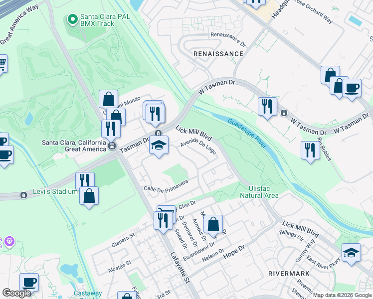 map of restaurants, bars, coffee shops, grocery stores, and more near 5024 Avenida De Lago in Santa Clara