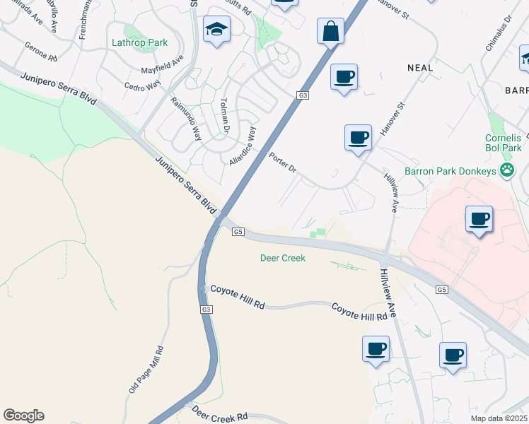 map of restaurants, bars, coffee shops, grocery stores, and more near 1801 Page Mill Rd in Palo Alto