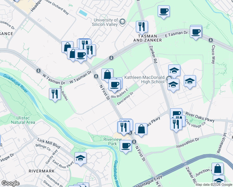 map of restaurants, bars, coffee shops, grocery stores, and more near 41 Rio Robles East in San Jose