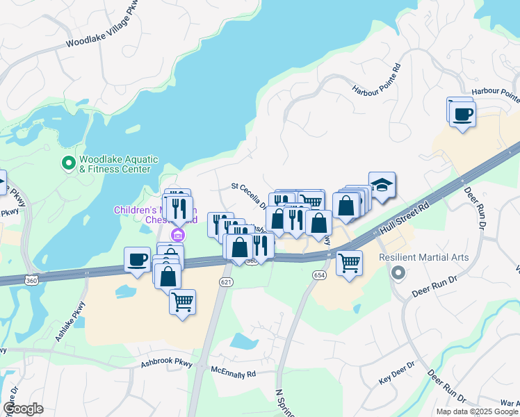 map of restaurants, bars, coffee shops, grocery stores, and more near 6600 Saint Cecelia Drive in Midlothian