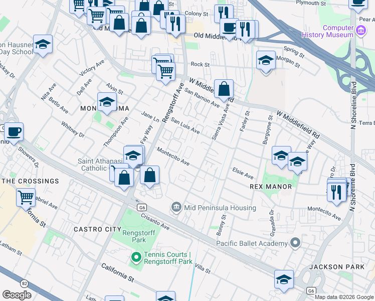 map of restaurants, bars, coffee shops, grocery stores, and more near 316 Scarlett Terrace in Mountain View