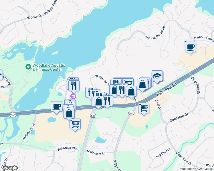 map of restaurants, bars, coffee shops, grocery stores, and more near 6600 Saint Cecelia Drive in Midlothian