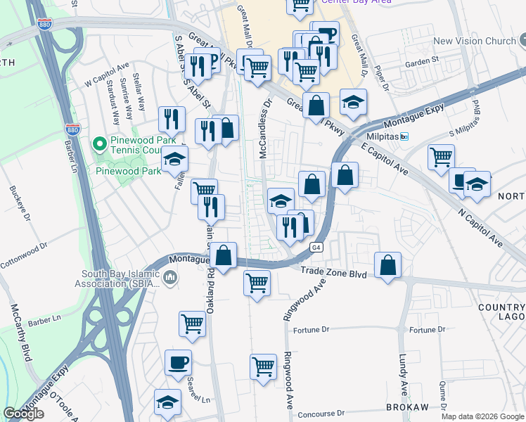 map of restaurants, bars, coffee shops, grocery stores, and more near 1864 Lee Way in Milpitas