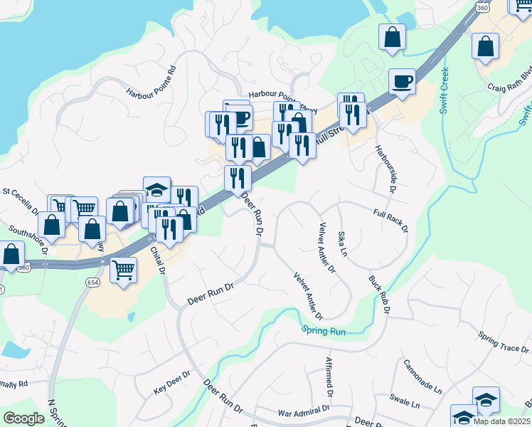 map of restaurants, bars, coffee shops, grocery stores, and more near 13705 Velvet Antler Way in Midlothian