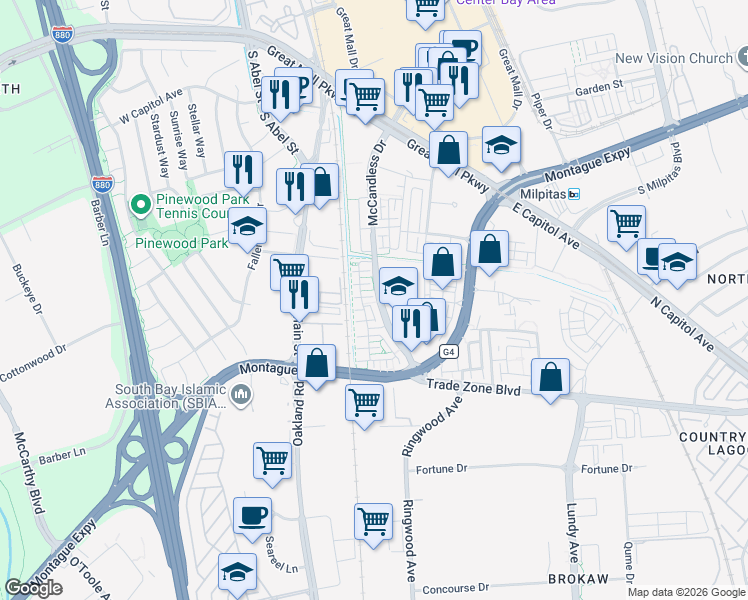 map of restaurants, bars, coffee shops, grocery stores, and more near 1864 Lee Way in Milpitas