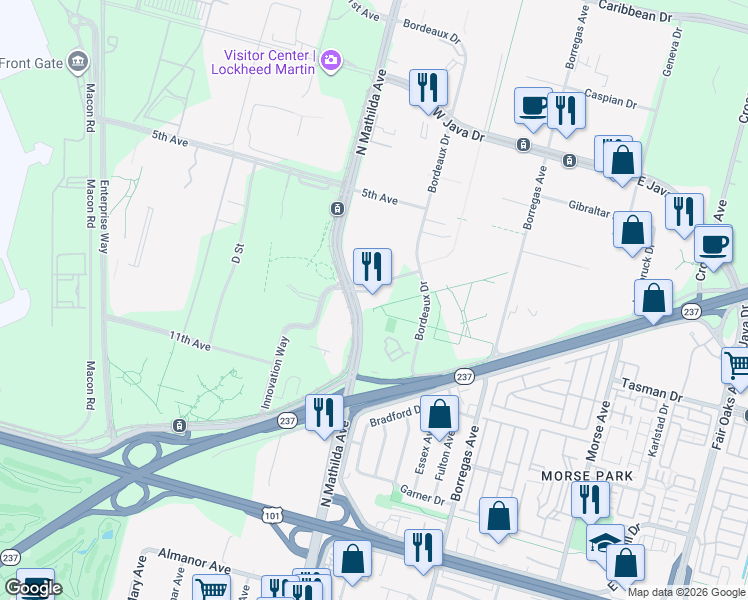 map of restaurants, bars, coffee shops, grocery stores, and more near 1160 North Mathilda Avenue in Sunnyvale