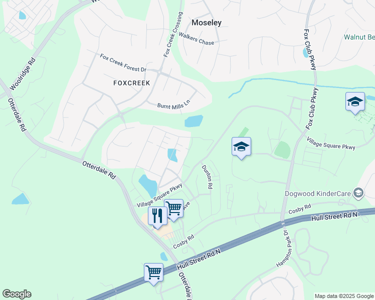 map of restaurants, bars, coffee shops, grocery stores, and more near 15740 Cosby Road in Chesterfield