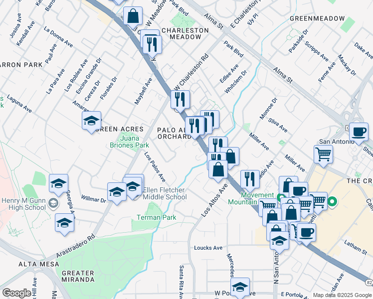 map of restaurants, bars, coffee shops, grocery stores, and more near 4250 El Camino Real in Palo Alto