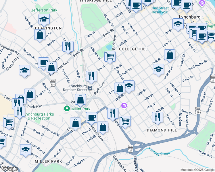 map of restaurants, bars, coffee shops, grocery stores, and more near 1001 Pierce Street in Lynchburg