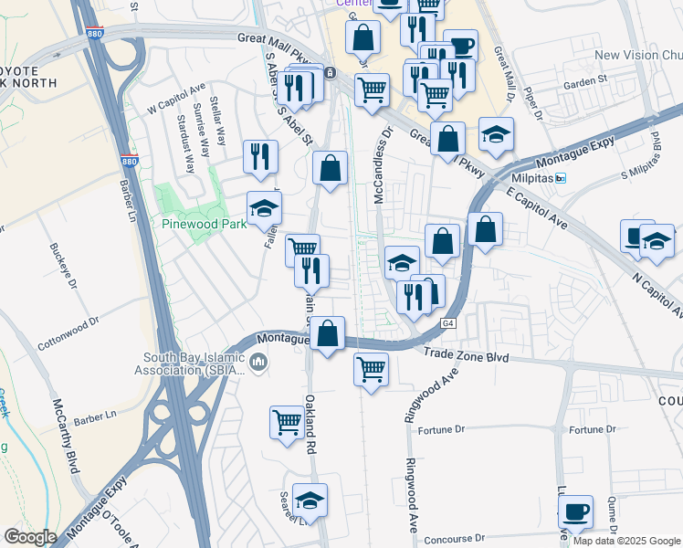 map of restaurants, bars, coffee shops, grocery stores, and more near 1650 South Main Street in Milpitas