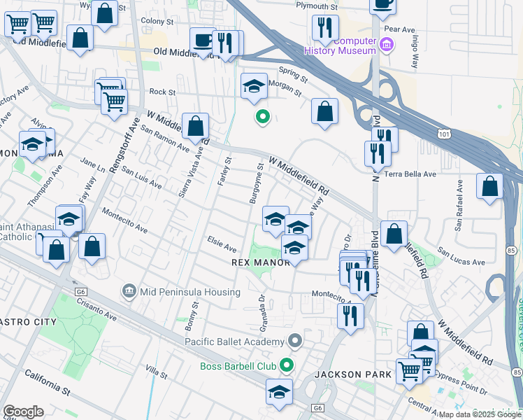 map of restaurants, bars, coffee shops, grocery stores, and more near 920 San Marcos Circle in Mountain View