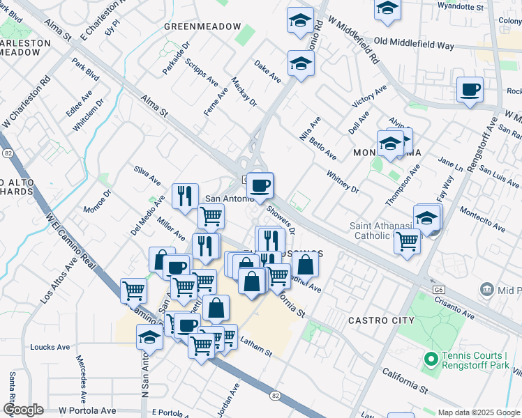 map of restaurants, bars, coffee shops, grocery stores, and more near 2225 Showers Drive in Mountain View
