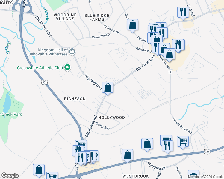map of restaurants, bars, coffee shops, grocery stores, and more near 3634 Old Forest Rd in Lynchburg