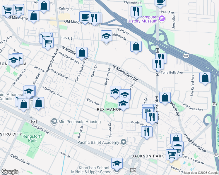 map of restaurants, bars, coffee shops, grocery stores, and more near 920 San Marcos Circle in Mountain View