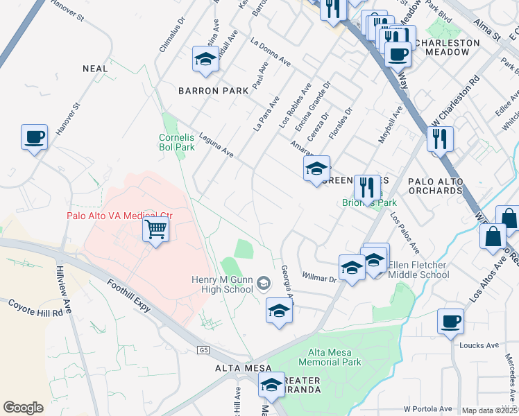 map of restaurants, bars, coffee shops, grocery stores, and more near 995 Los Robles Avenue in Palo Alto