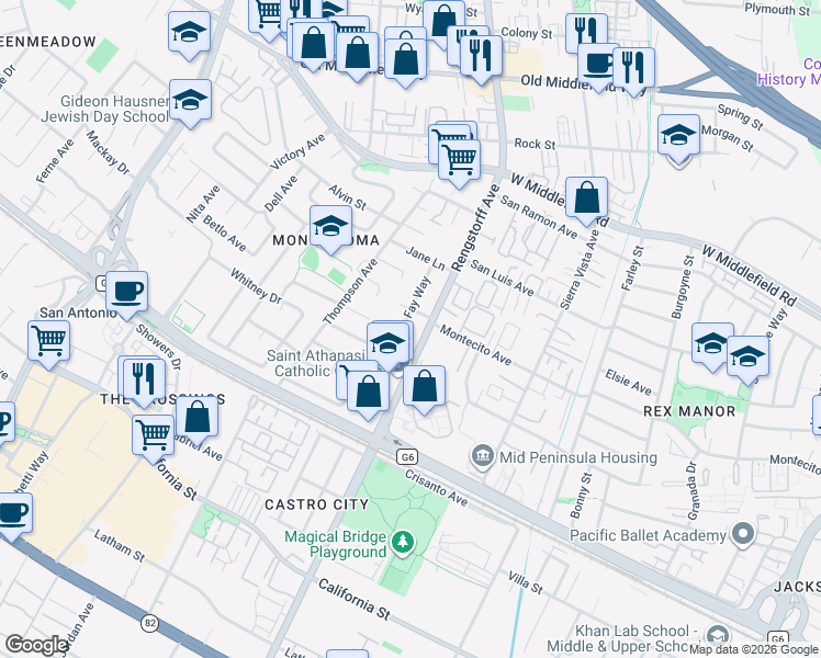 map of restaurants, bars, coffee shops, grocery stores, and more near 290 North Rengstorff Avenue in Mountain View