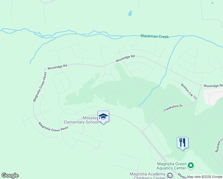 map of restaurants, bars, coffee shops, grocery stores, and more near 18101 Ruby Hill Court in Moseley