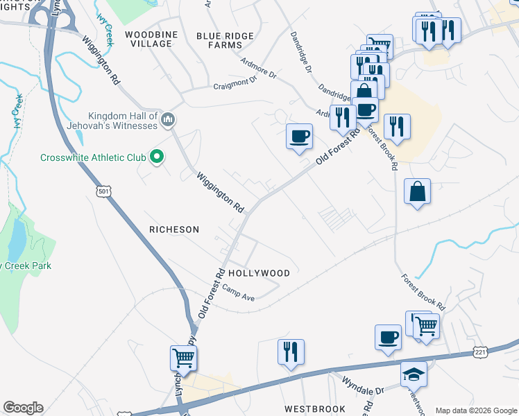 map of restaurants, bars, coffee shops, grocery stores, and more near 3634 Old Forest Rd in Lynchburg