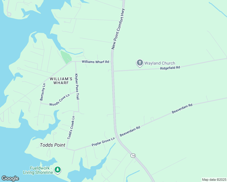 map of restaurants, bars, coffee shops, grocery stores, and more near New Point Comfort Highway in Mathews