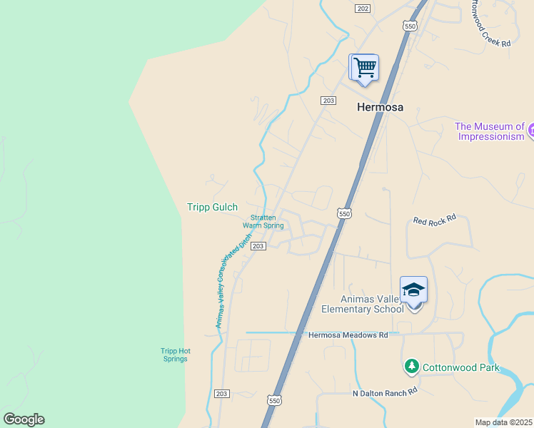 map of restaurants, bars, coffee shops, grocery stores, and more near 7555 County Road 203 in Durango