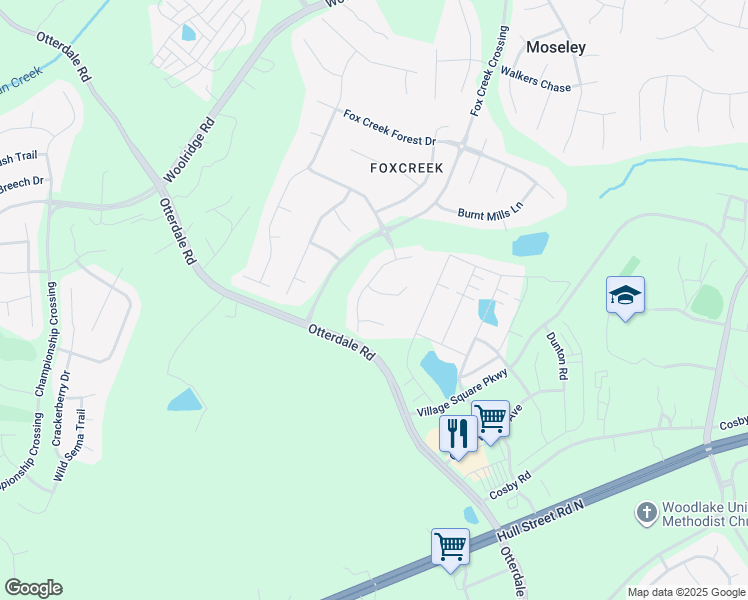 map of restaurants, bars, coffee shops, grocery stores, and more near 16025 Hidden Sedge Court in Moseley