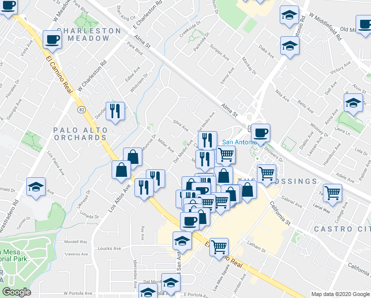 map of restaurants, bars, coffee shops, grocery stores, and more near 2698 Miller Avenue in Mountain View