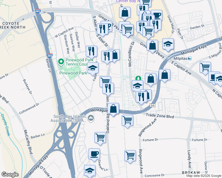 map of restaurants, bars, coffee shops, grocery stores, and more near 81 Mihalakis Drive in Milpitas