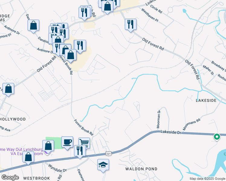 map of restaurants, bars, coffee shops, grocery stores, and more near 207 Bonterra Place in Lynchburg