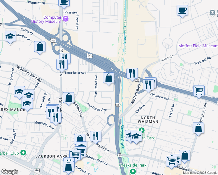 map of restaurants, bars, coffee shops, grocery stores, and more near 922 San leandro Street in Mountain View