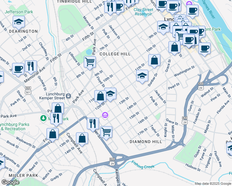 map of restaurants, bars, coffee shops, grocery stores, and more near 1123 Wise Street in Lynchburg