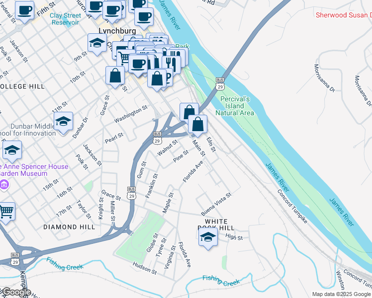 map of restaurants, bars, coffee shops, grocery stores, and more near 1718 Church Street in Lynchburg