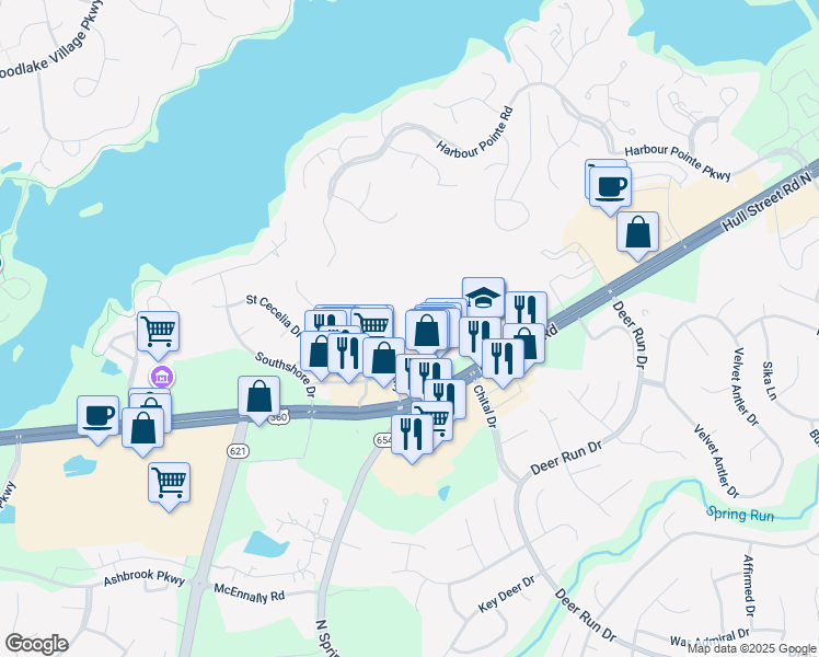 map of restaurants, bars, coffee shops, grocery stores, and more near 6801 Temie Lee Parkway in Midlothian